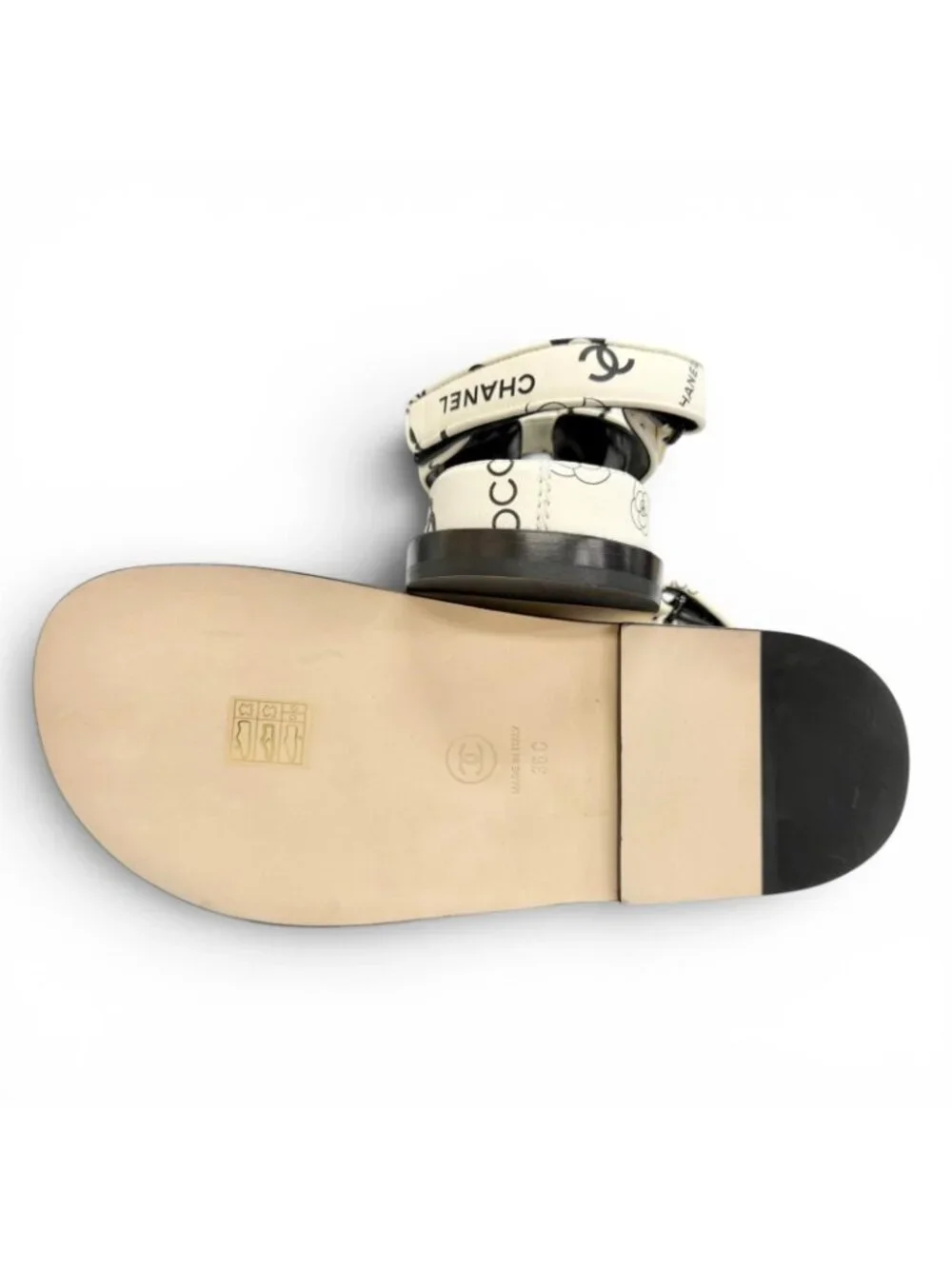 Chanel CC Logo Camellia Velcro Flat Leather Sandals White Black